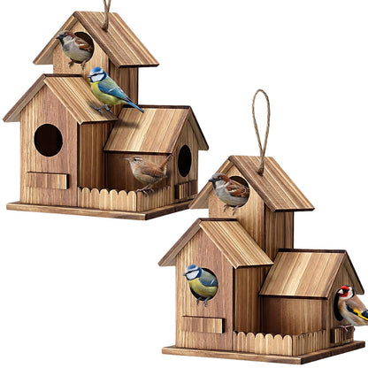 AceOrbit 2 Pcs Bird Houses for Outside 3 Hole Wooden Bird House 7.48 x 5.91 x 5.91 Garden Backyard Decor Weather Resistant Birds Shelter Rustic Outdoor Hanging Birdhouse for Bluebird Finche Cardinal