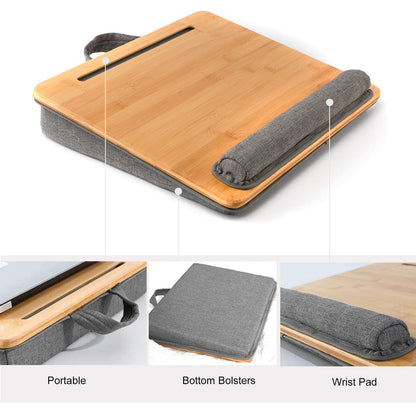 SANJIMO Lap Desk for Laptop with Cushion, Bamboo Laptop Stand with Anti-Slip Strip Tablet Phone Holder, Fits up to 15.6 inch Portable Computer Lap Desk for Couch, Bed & Car