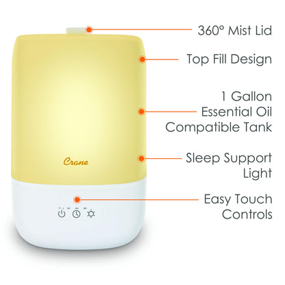 Crane Ultra-Quiet 3-in-1 Humidifier for Baby with Essential Oil Tray, 7-Color Sleep Light, 1 Gallon Top-Fill Tank, Ideal for Bedroom