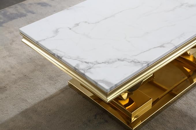 1 Piece Living Room Coffee Table Luxury Faux Marble Center Table, Modern White Gold Coffee Table with Double O Shape Stainless Steel Pedestal Base,1 Table Only