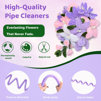 CITYBAN 400PCS Pipe Cleaners Craft,5 Assorted Pipe Cleaner Flower Kit,Kit with Floral Wires, Gardening Tape, Stamen, Floral & Ribbon, Pipe Cleaners Bulk,Ideal for DIY Projects（Purple）