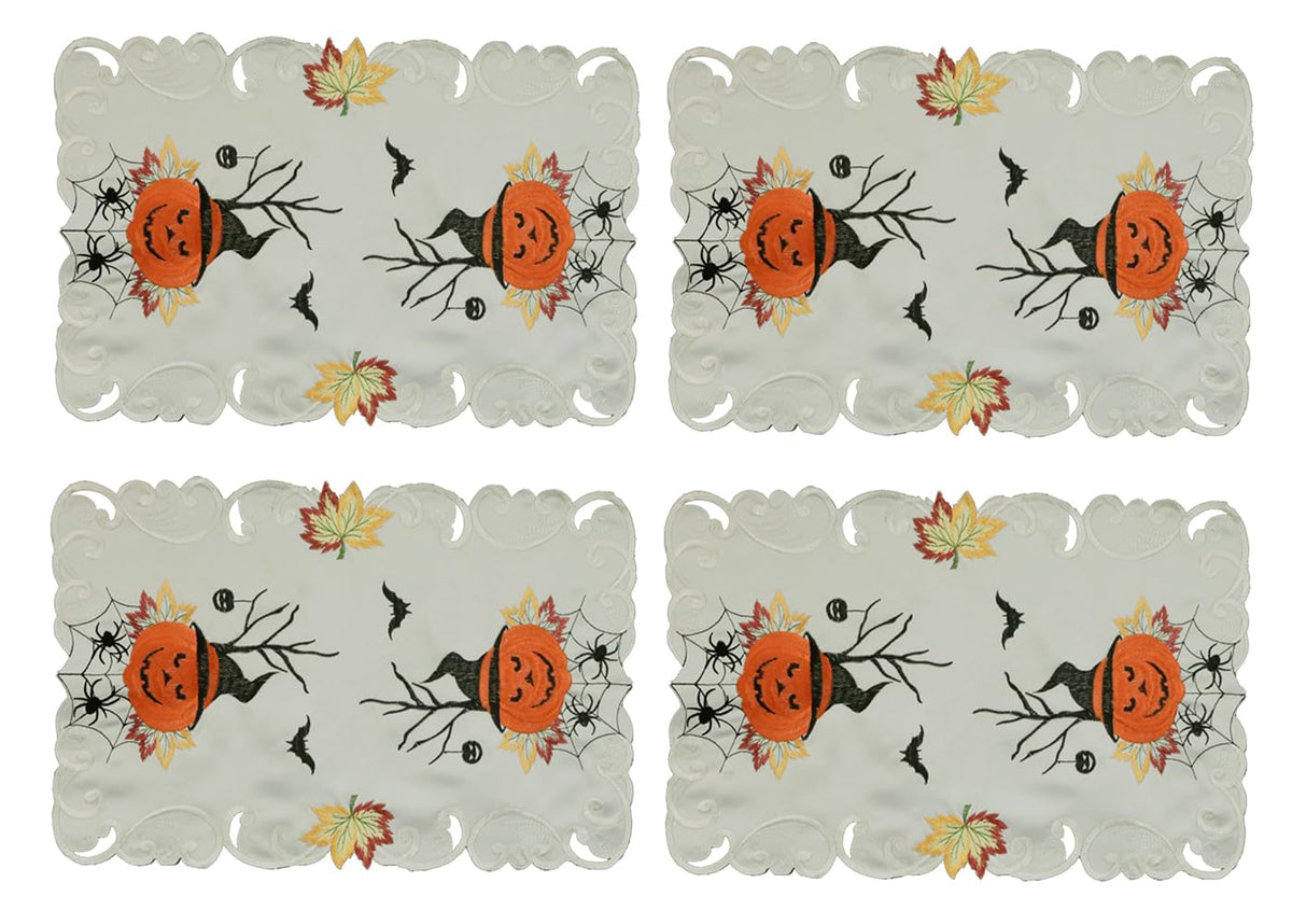 Creative Linens 4PCS Halloween Placemats 11x17”, Embroidered Spooky Pumpkin Bats Spider Web Tray Cloth, Ivory, Set of 4 Pieces