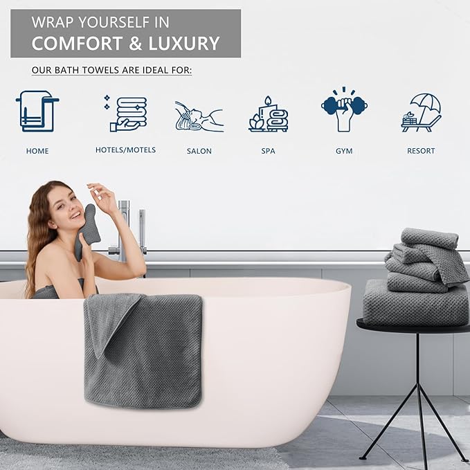 8 Piece Bathroom Towel Set Dark Gray |2 Oversized Large Bath Towels Sheet