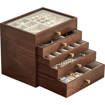 CHOSIN Black Walnut Wooden Jewelry Box Women large 5 Level Drawer Organizer Box with Glass Lid for Necklaces Watch Necklace Ring Earring Storage, Ideal Gift for Her, Fathers Day Gift