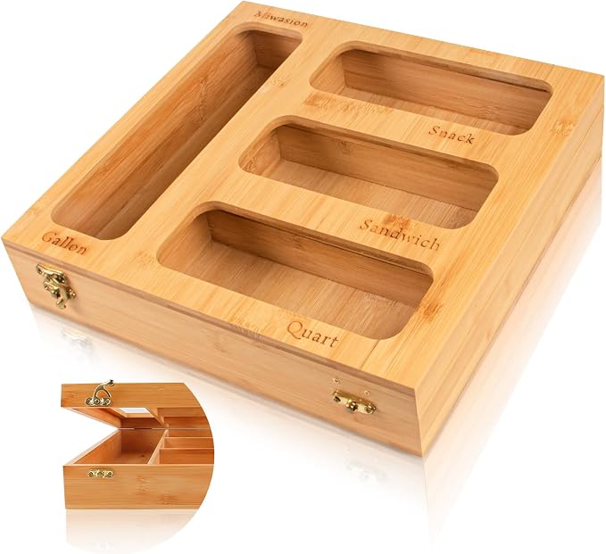 Bamboo Food Bag Organizer for Kitchen Drawer, a bamboo 4 slots - made dispenser container for plastic bags.Suitable for Gallon Quart Sandwich & Snack Variety Size Bag
