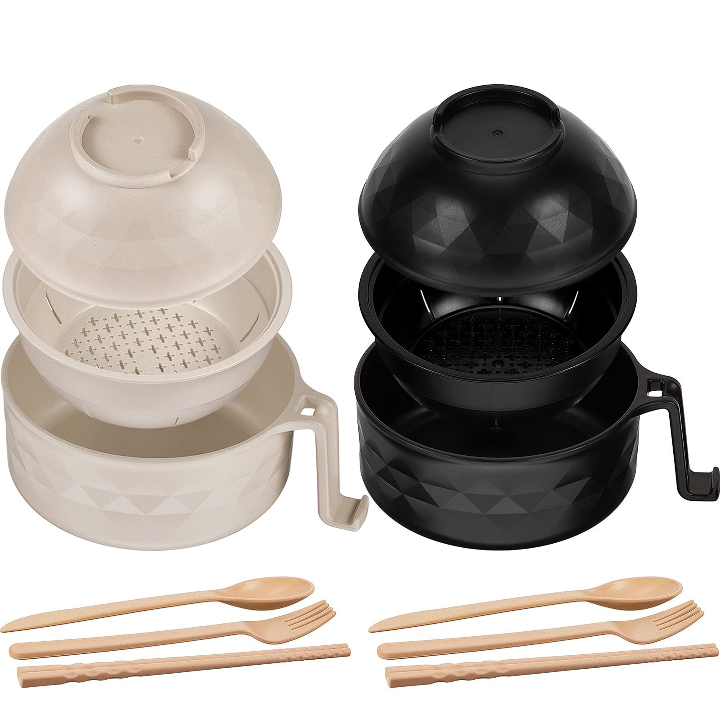 Romooa 2 Sets Microwave Ramen Cooker Bowl Set with Spoon Chopsticks Fork Wheat Fiber Instant Noodle Bowl with Handles Ramen Kit for College Dorm Room Apartment Essentials