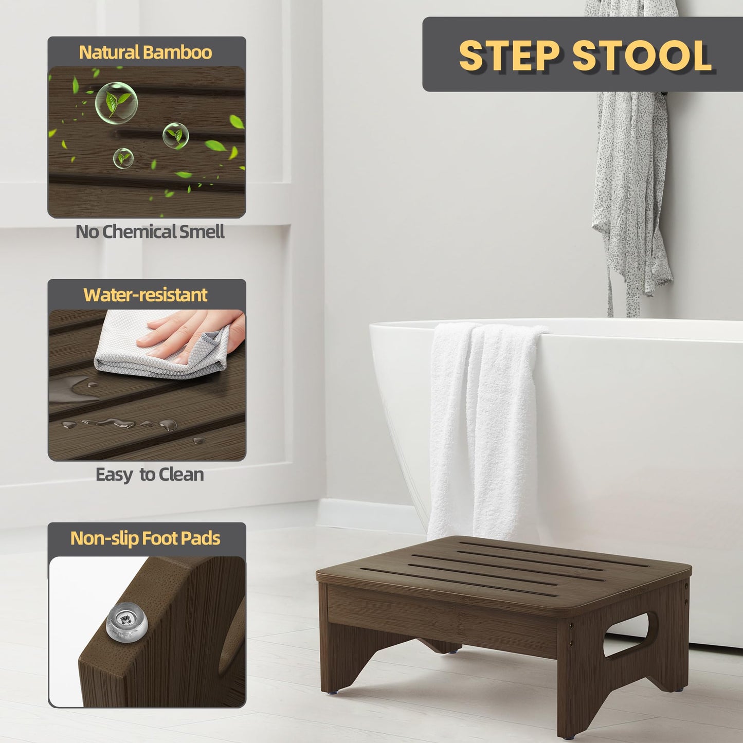 Wooden Step Stool for Adults & Kids, Non-Slip Rubber Feet, 6.5 INCH High, Lightweight Small Step, 450 LBS Capacity, Bed Step Stool for High Bed, Bathroom & Kitchen (Walnut)