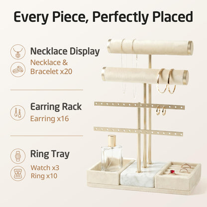 KES Natural Marble Bracelet Holder with 5X Weighted Base, Extra Sturdy 3 Tier Bracelet Holder Display for Necklaces, Earrings, Rings, Watches, T Bar Jewelry Holder Organizer, Beige, JTR500-WH
