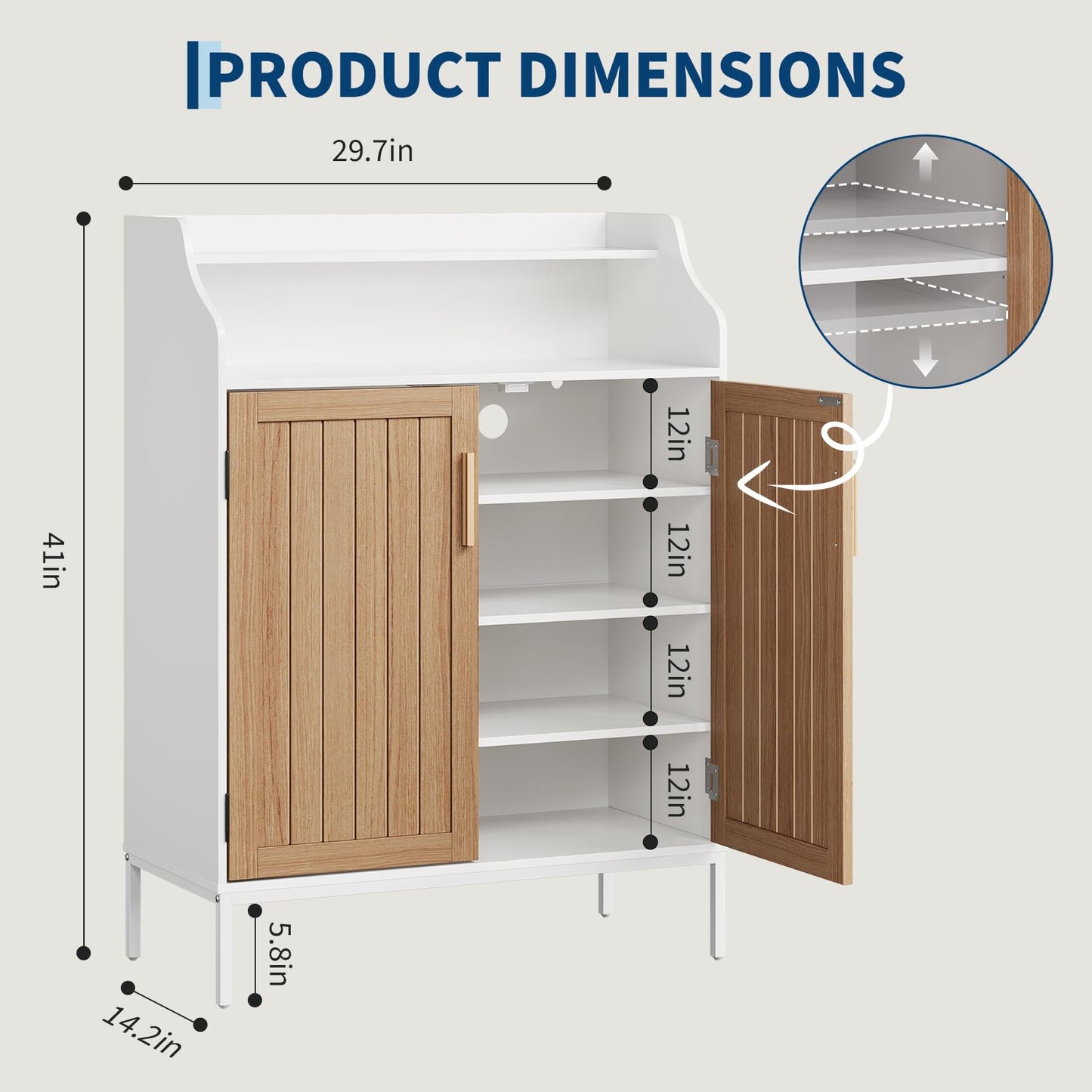 GAOMON Modern Shoe Storage Cabinet – 4-Tier Wooden Organizer with 3 Adjustable Shelves, Freestanding Hallway Entryway Cabinet with Doors, Slim Design for Small Spaces