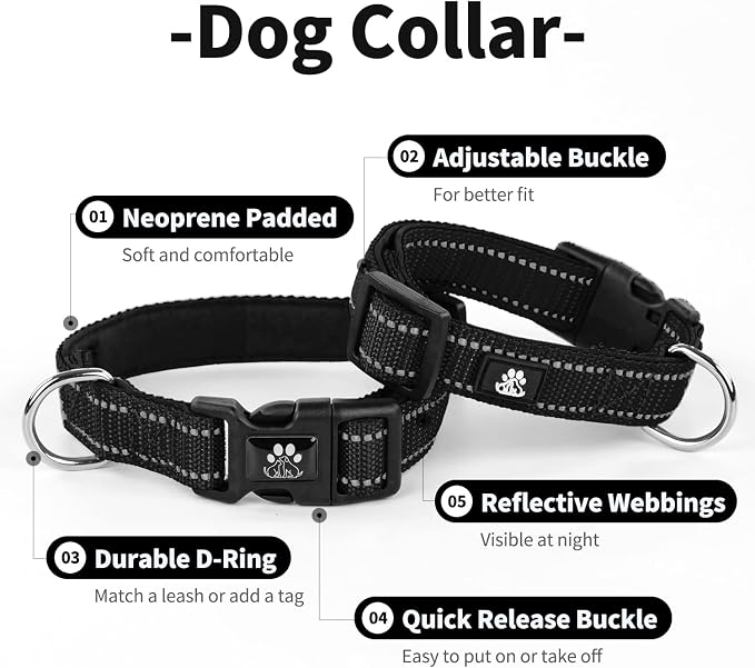 IVY&LANE Reflective Dog Collar and Leash Set,Adjustable Neoprene Padded Dog Collars for Puppy, Breathable Nylon Pet Collar for Small Medium Large Dogs (Small,Black)