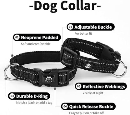 IVY&LANE Reflective Dog Collar and Leash Set,Adjustable Neoprene Padded Dog Collars for Puppy, Breathable Nylon Pet Collar for Small Medium Large Dogs (Small,Black)
