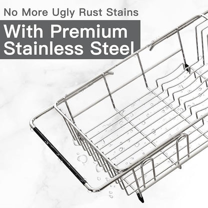 MAJALiS Dish Drying Rack Over The Sink with Utensil Holder, Drainboard | Expandable Stainless Steel Dish Drainer for Small Kitchen, Apartment, RV, Counter Space Saving, Perfect Fit, Rustproof