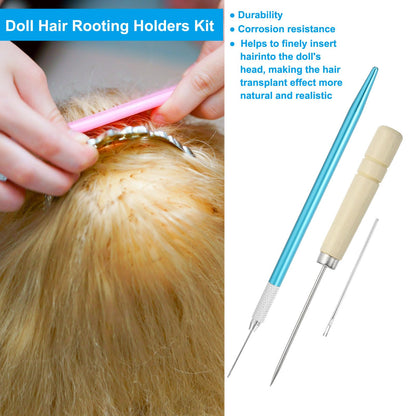PATIKIL Doll Hair Rooting Holders Kit, 0.8mm Doll Hair Rerooting Knitting Needles with Wood Awls Crochet Hooks Doll Wig Tool for Doll Hair Making Supplies DIY Crafts, Blue