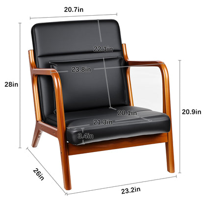 VECELO Mid-Century Modern Accent Chair with Faux Leather Cushion & Solid Wood Frame, Lounge Armchair for Living Room, Bedroom, Office, Black