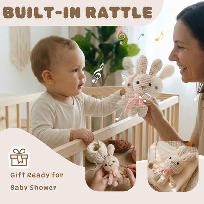 Moyii Handmade Crochet Bunny Baby Rattle - Soft Cotton Amigurumi Sensory Shaker Toy for Newborns & Infants - Easy Grip Lovey Sleep Toy & Neutral Nursery Decor Shower Gift