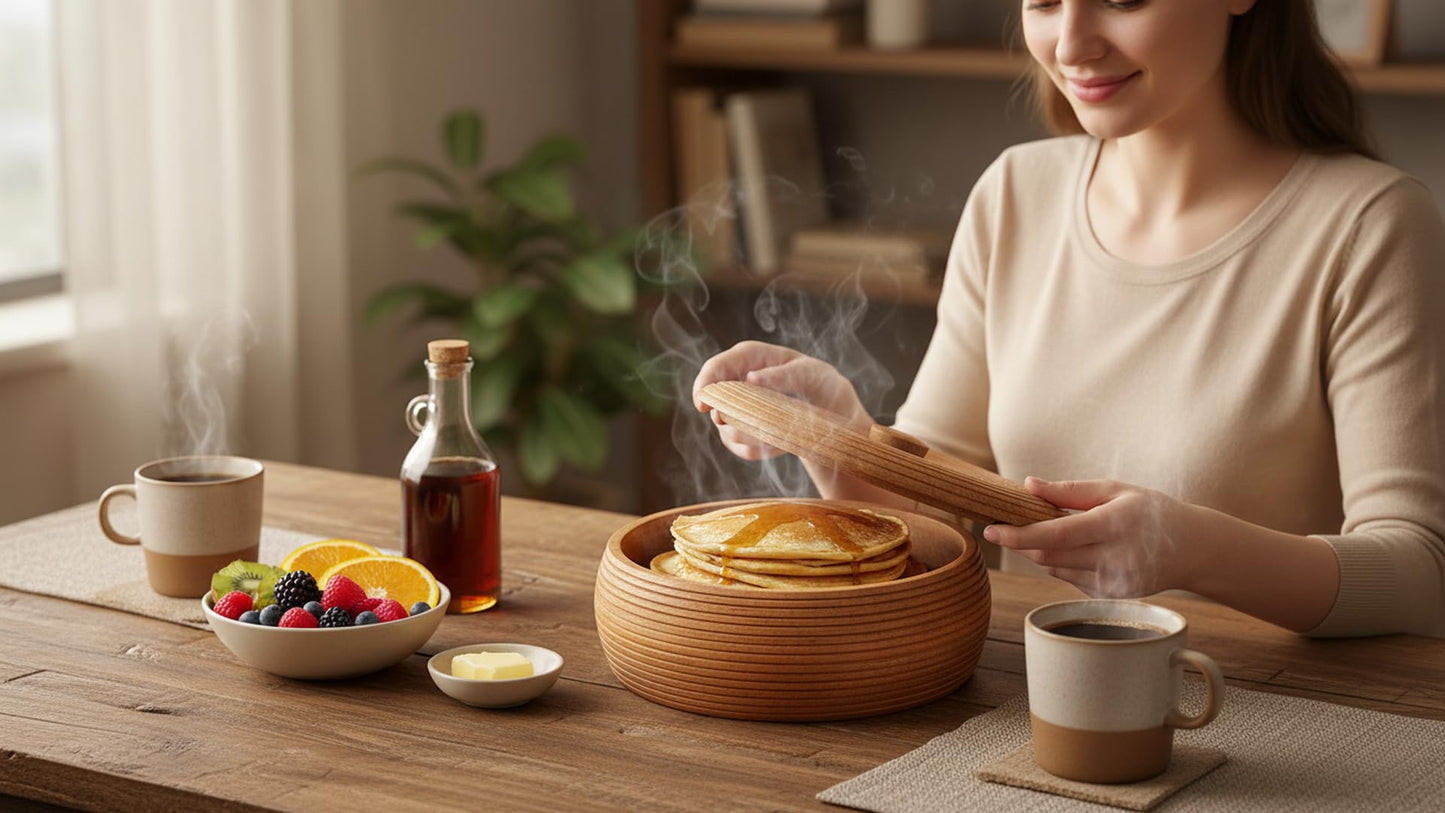 Handcrafted Wooden Mexican Tortilla Warmer Basket Indian Chapati Roti Bread Holder Box Pancake Keeper Serveware Hot Pot Casserole Dish With Lid Home Kitchen Dining Decor, Natural Brown, 9 x 3 Inches