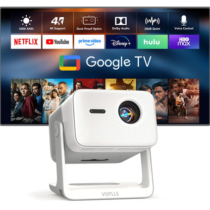 【3000 ANSI Official Licensed Google TV】Smart 4K Projector with WiFi and Bluetooth, VOPLLS Outdoor Projectors with Dolby/Auto Focus, Portable Movie Phone Wireless Gaming Wifi Proyector for Bedroom/Home