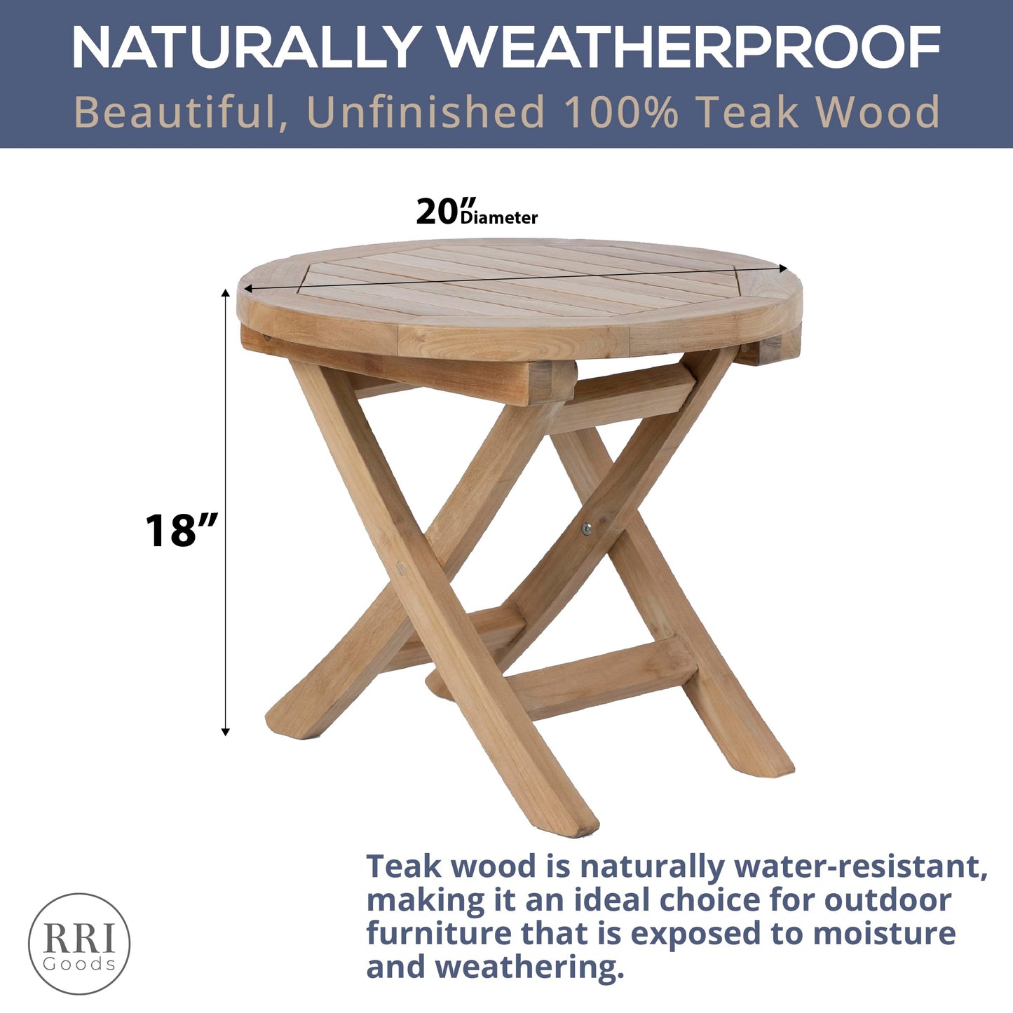 RRI Goods Teak Wood Folding 20”-Inch Outdoor Coffee Table - Perfect for Camping & Outdoor Entertaining - Ideal for Backyard, Front Porch, Balcony (Round)