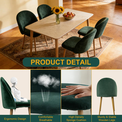Lightdot Dining Chairs Set of 2, Velvet Comfortable Seats, Mid-Century Modern Living Room Chairs, Upholstered Kitchen Chairs with Wooden Legs and Padded Seat for Bedroom Office - Dark Green