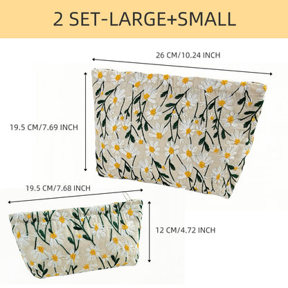RIKMOXR 2 Pcs Makeup Bags, Large Cosmetic Bag Travel Toiletry Bag Organizer for Women, Embroidery Craft, Floral Makeup Bag Small Cosmetic Pouch Purse with Zipper Gifts for Girls Teen