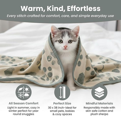 Baby & Pet Blanket 100% Cotton with Sherpa Fleece – Soft Stroller & Cuddle Blanket for Baby, Dog & Cat – Breathable, Hypoallergenic, Washable – 76×96 cm All-Season Blanket Reed Green Beige