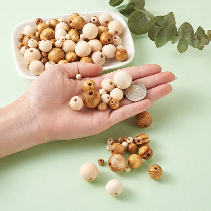 Craftdady 1010pcs Natural Wood Round Beads 7 Sizes Polished Wooden Ball Rondelle Loose Beads for Jewelry Bracelet Necklace Craft Making Home Party Decor
