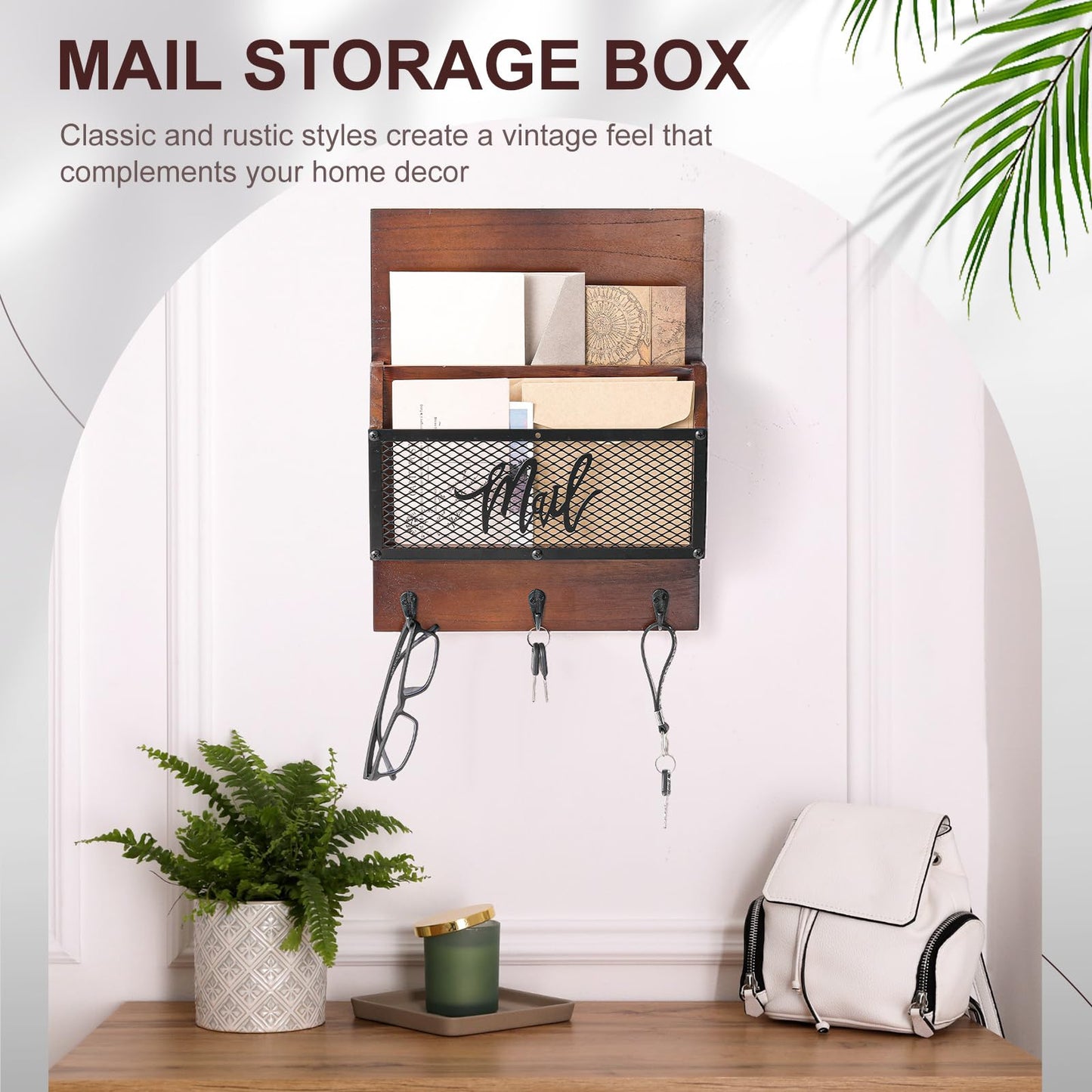 Yalikop Farmhouse Mail Organizer Wall Mounted Rustic Mail Holder Hanging Key Sorter with 3 Hooks Indoor Wooden Wall Mounted, Letter, Magazines, Newspapers, Keys (Classics,Dark Brown)