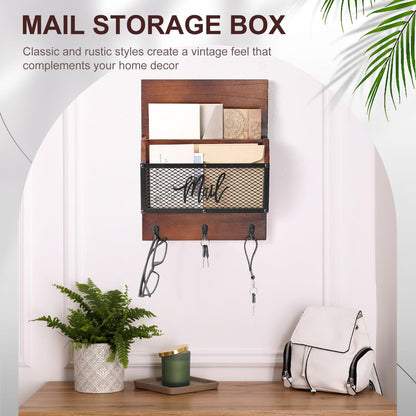 Yalikop Farmhouse Mail Organizer Wall Mounted Rustic Mail Holder Hanging Key Sorter with 3 Hooks Indoor Wooden Wall Mounted, Letter, Magazines, Newspapers, Keys (Classics,Dark Brown)