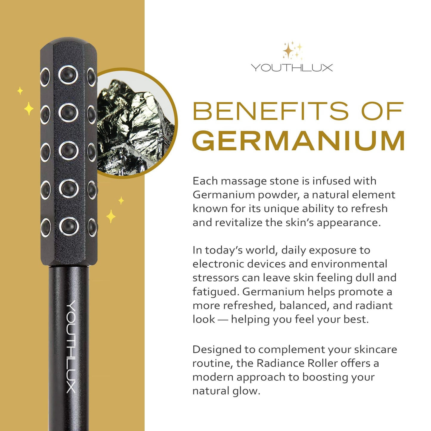 Radiance Roller - Germanium Stone Uplifting Face Beauty Massage Tool/Roller/Wand for Skin Tightening, De-Puffing, Sculpt/Lift, Anti-Aging | Uplift Face Roller, Facial Roller (Rose Gold)