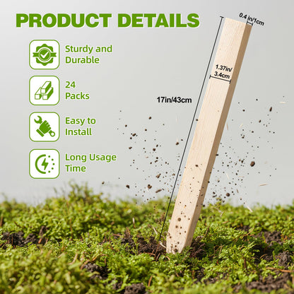 24Pcs Wooden Garden Stakes, 17in Pinewood Yard Stakes for Plant Support, Garden Fencing, Ground Marking, Signs, Grade, Baselines, Survey Stakes and Boundary