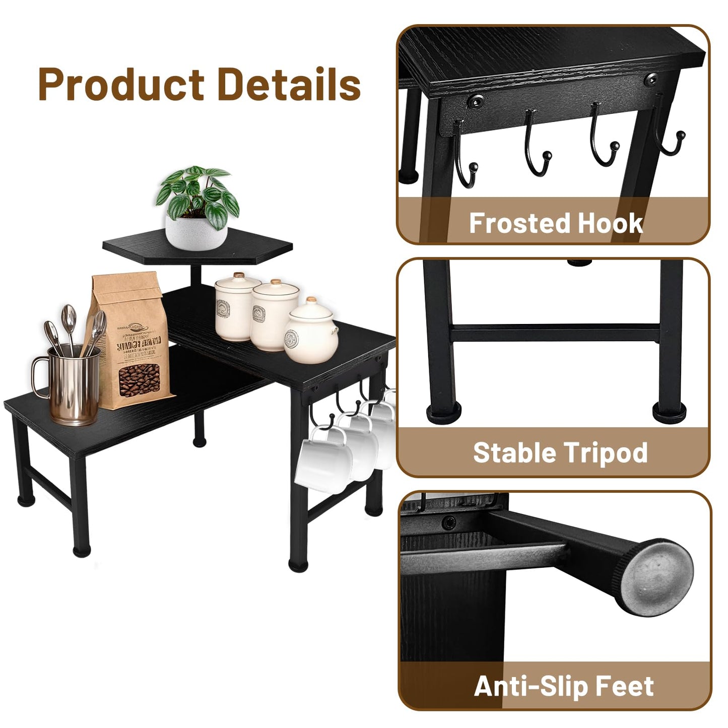 Kitchen Countertop Organizer, 3 Tier Moveable Corner Shelf Kitchen Shelf with Hook, Countertop Organizer for Bathroom, Spice Rack, Bookshelf, Coffee Area, Dresser Table (Brown)