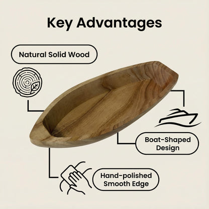 Handcrafted Boat-Shaped Solid Wood Serving Tray (11.6 x 4.5 x 2.2 inches) – Decorative Wooden Appetizer Platter for Home Parties, Game Nights, Snacks, and Desserts – Natural Wooden Boat