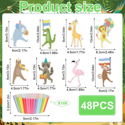 Potchen 148 Pcs Safari Cupcake Toppers and Rainbow Cupcake Liners Animal Parade Woodland Jungle Cake Decorations for Baby Shower Zoo Wild Animal Birthday Party Supplies