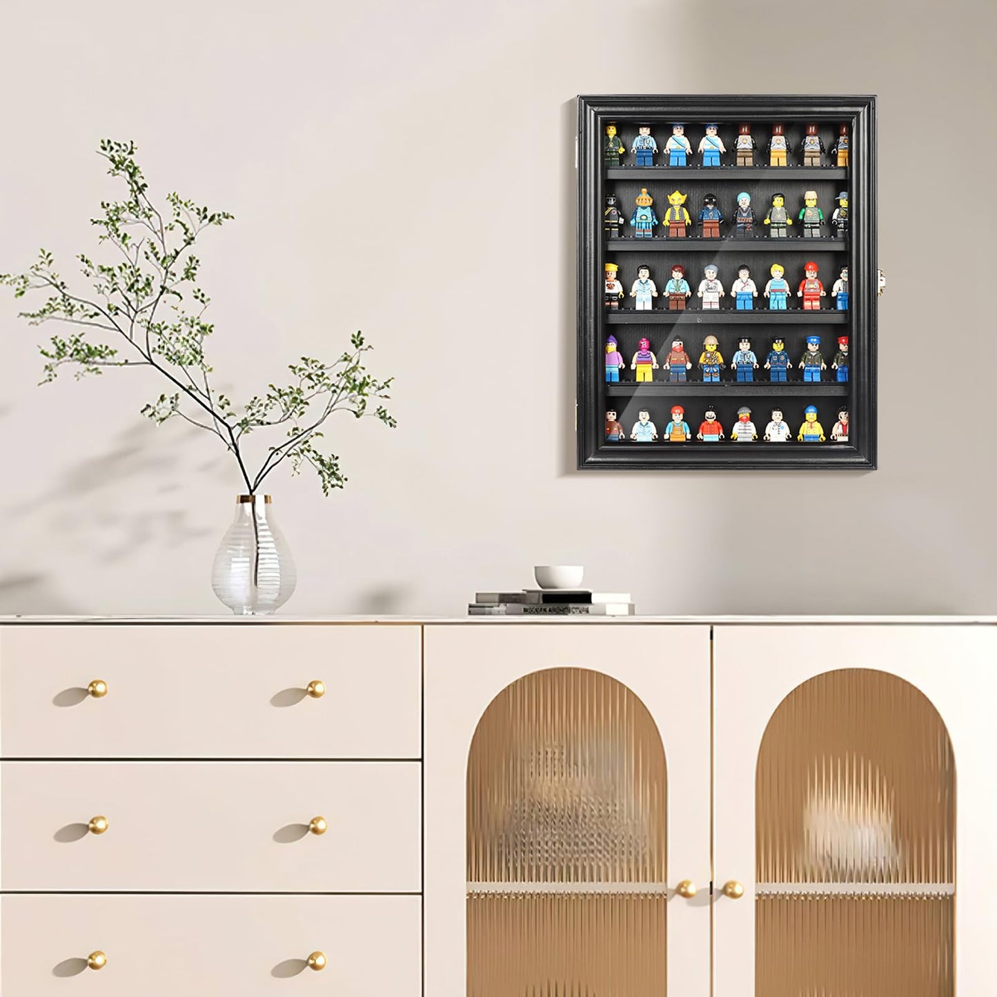 DuvinDD Display Case Wall-Mounted Lego Minifigure Display Case Floating Lego Shelves Wooden Display Cabinet with UV Protect Door, Lockable Dustproof Showcase Thimble Display Case