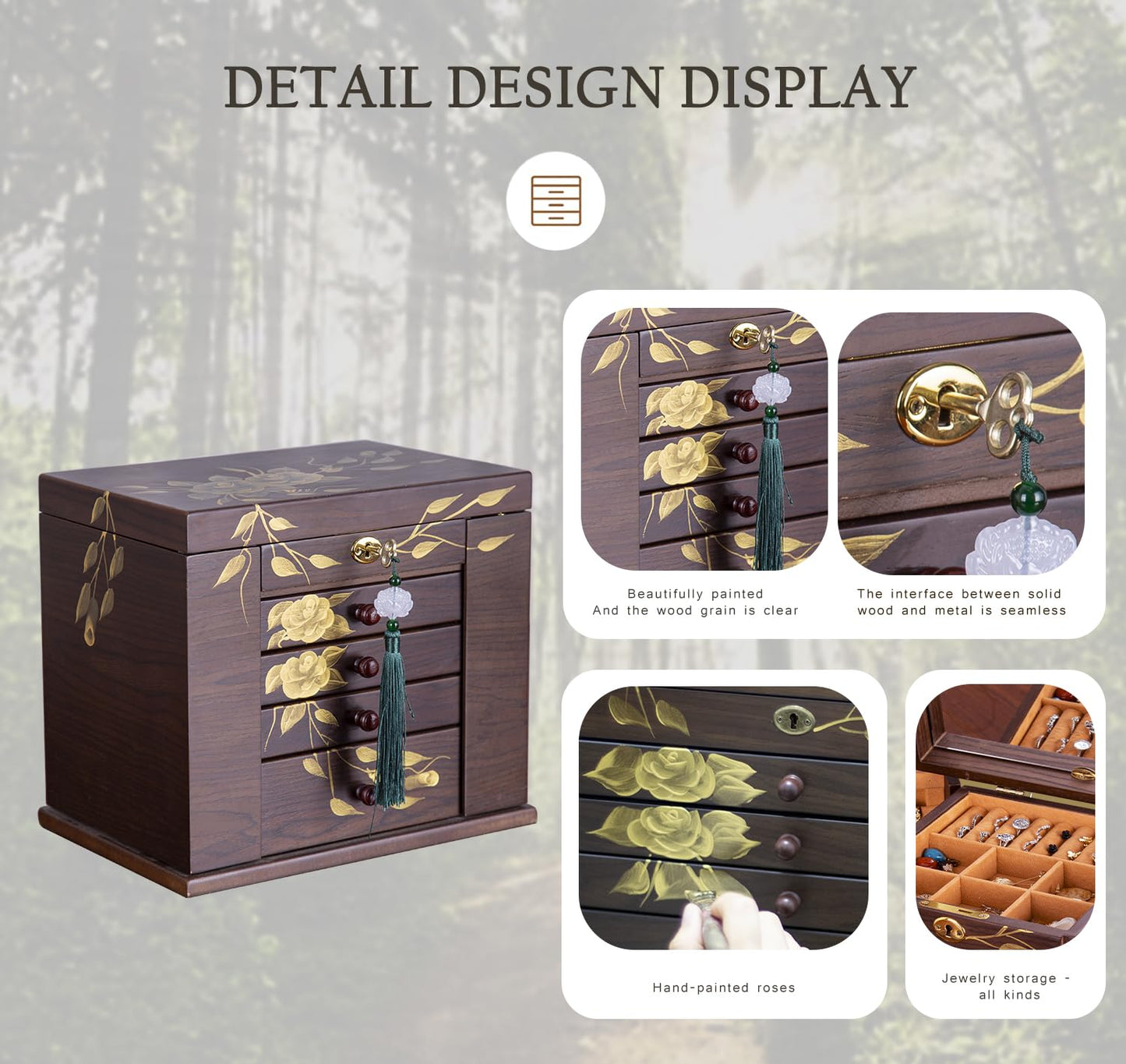 Xloverise Wooden Jewelry Box for Women, 5-Layer Large Wood Jewelry Boxes & Organizer with Drawers for Rings Necklaces,Hand-painted rose flowers jewelry case organizer,jewelry safe