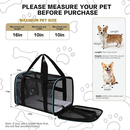 Cat Dog Pet Carriers Soft-Sided Cats Bag Animal Carriers Puppy Carrying Bag TSA Airline Approved Dog Carrier Soft Sided, Collapsible Travel Carriers for Big Cats/Small Dogs(Up to 16lbs) 17 * 11 * 11