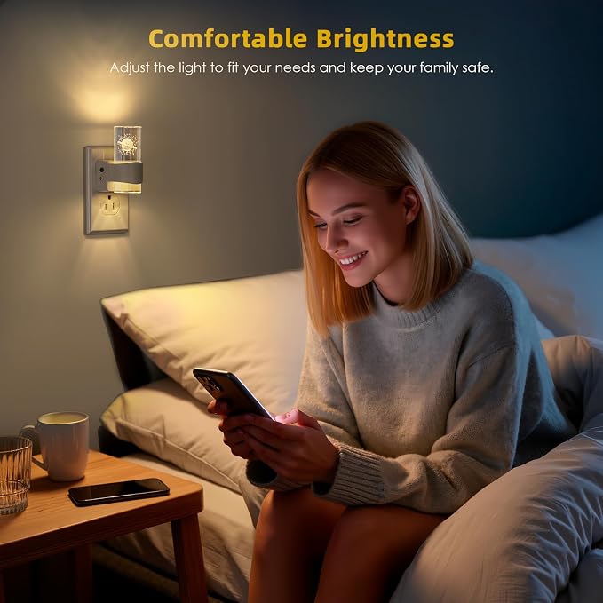 LED Night Light 2 Pack, Dimmable, Dusk to Dawn Sensor, 0-100 LM Adjustable Brightness, 3000K, Wall Mounted, Starry Sky Pattern Etched Within，Applies to Bedroom, Hallway, Plug in Night Light