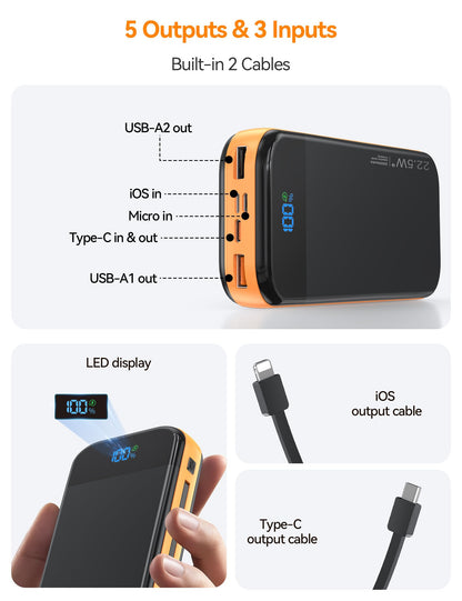 LENGSUM Portable Charger Power Bank Built-in Cables, 32000mAh 22.5W USB C Fast Charging, 5 Outputs 3 Inputs Travel Essentials Battery Pack Compatible with iPhone, iPad, Samsung, Google Pixel, Orange
