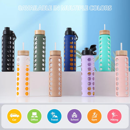 MUKOKO Glass Water Bottles, 32oz Glass Tumbler with Straw, Drinking Bottles with 2 Lids-Handle Spout Lid&Bamboo Straw Lid, Motivational Water Bottle with Time Marker and Silicone Sleeve, 1 Pack-Olive