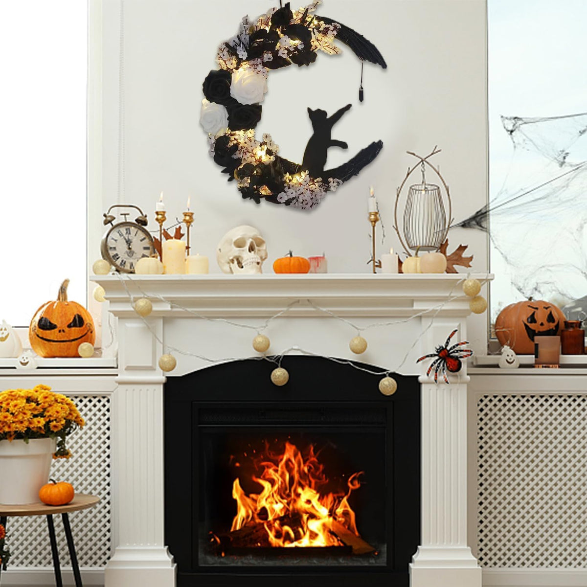 Black White Halloween Wreath with Lights, Crescent Moon Cat Gothic Wreath with Black Rose, Witchy Dark Spooky Front Door Decor for Indoor Wall Home (Black, with Lights)