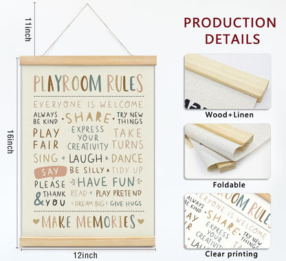 foedor Playroom Rules Decor, Kids Play room Wall Decor Sign Poster Hanger Frame,Playroom Essentials, Decor for Kids Home School Toddler Play room, 12x16 Inch
