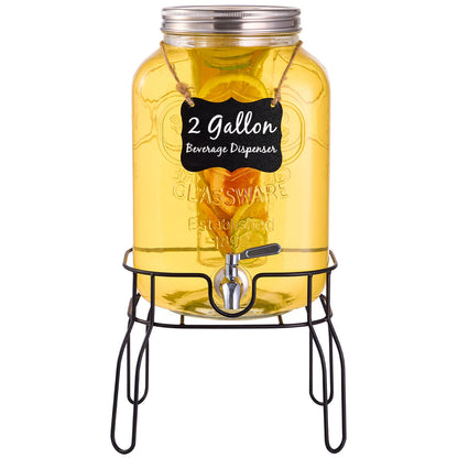 2 Gallon Glass Drink Dispensers for Parties, Beverage Dispenser with Stand, Fruit Infuser and Stainless Steel Spigot 100% Leakproof, Beverage Dispenser for Lemonade Sun Tea