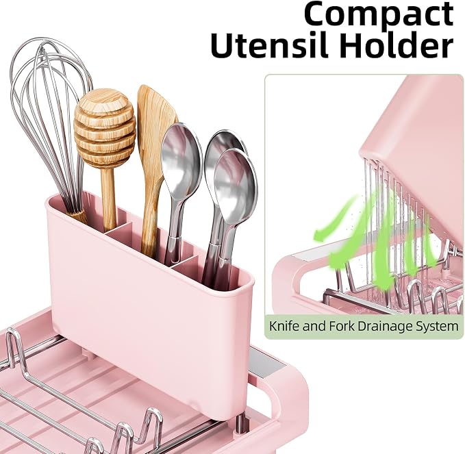 TOOLF Small Dish Drying Rack, Mini Expandable Compact Dish Rack, Slim Extendable Stainless Steel Dish Drainer for Kitchen Plate Storage, Space Saving Dish Strainer in Sink or on Home Countertop, Pink