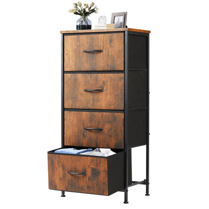 DUMOS Nightstand with 4 Drawers, Fabric Dresser Bedside Table with Removable Bins, Sturdy Steel Frame Wood Top Organizer Furniture for Bedroom Dorm Closet Living Room