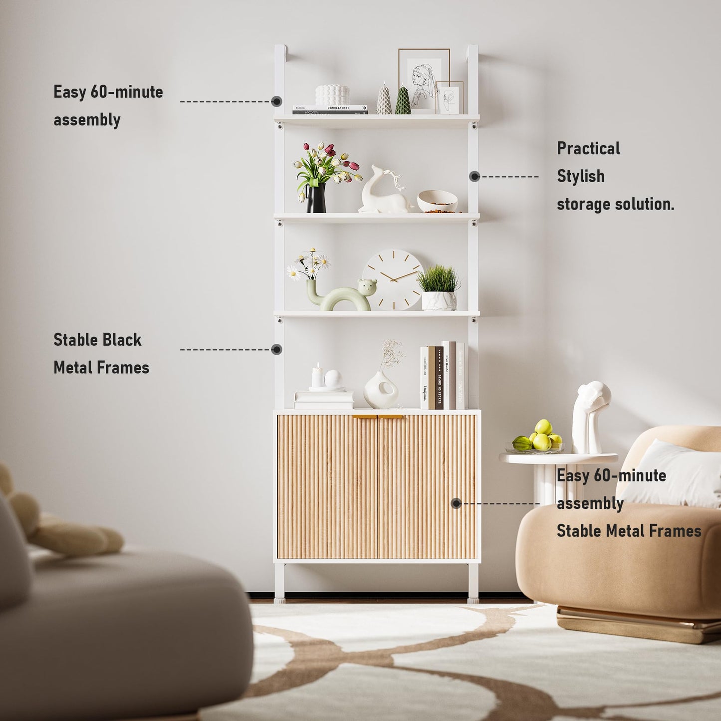 INNOD 74" Tall Bookshelf with Storage Cabinet, Modern Ladder Shelf with Wood and Metal Frame, Wall Mount Bookcase Open Display Shelf Furniture for Living Room, Bedroom, Home Office, White and Oak