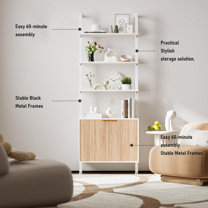 INNOD 74" Tall Bookshelf with Storage Cabinet, Modern Ladder Shelf with Wood and Metal Frame, Wall Mount Bookcase Open Display Shelf Furniture for Living Room, Bedroom, Home Office, White and Oak