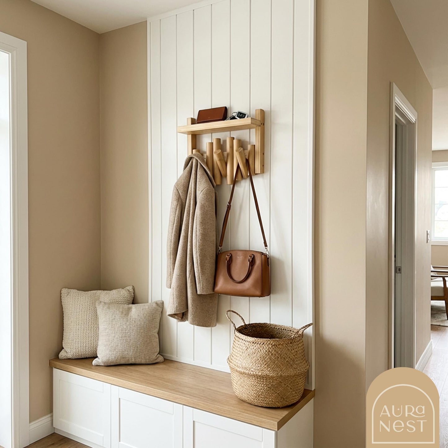 AURA NEST Bamboo Wall Mounted Coat Rack with Shelf Flip Down Wooden Hooks for Entryway Hallway Bedroom | Natural Piano Hanger, 3 Hooks, Space Saving Organizer