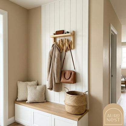 AURA NEST Bamboo Wall Mounted Coat Rack with Shelf Flip Down Wooden Hooks for Entryway Hallway Bedroom | Natural Piano Hanger, 3 Hooks, Space Saving Organizer