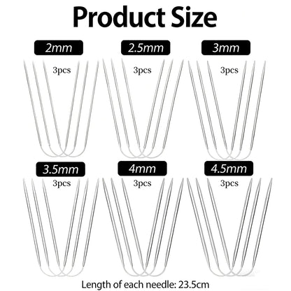 18 Pcs Stainless Steel Circular Knitting Needles Set, Crazy Trio Sock Knitting Needles for Hats & Gloves, Sizes 2–4.5 mm, Complete Crochet & Knitting Set for Beginners