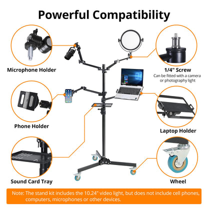 GVM 5-in-1 Movable Live Streaming Floor Stand Kit with Wheels, Overhead Camera Mount with 10" LED Key Light/Mic Boom Arm/Tablet Laptop Phone Stand/Tray for Live Broadcast Podcast Video Recording Game